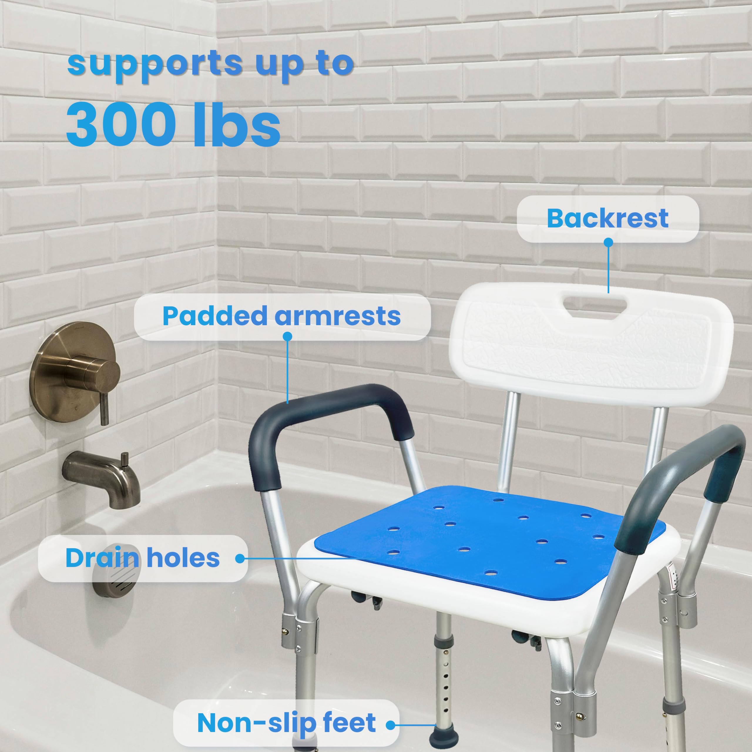 Shower Chair for Inside Shower Seat with Adjustable Height Padded Armrests Shower Chair for Elderly and Disabled Slip Resistant Seat Heavy Duty 300 lb Capacity