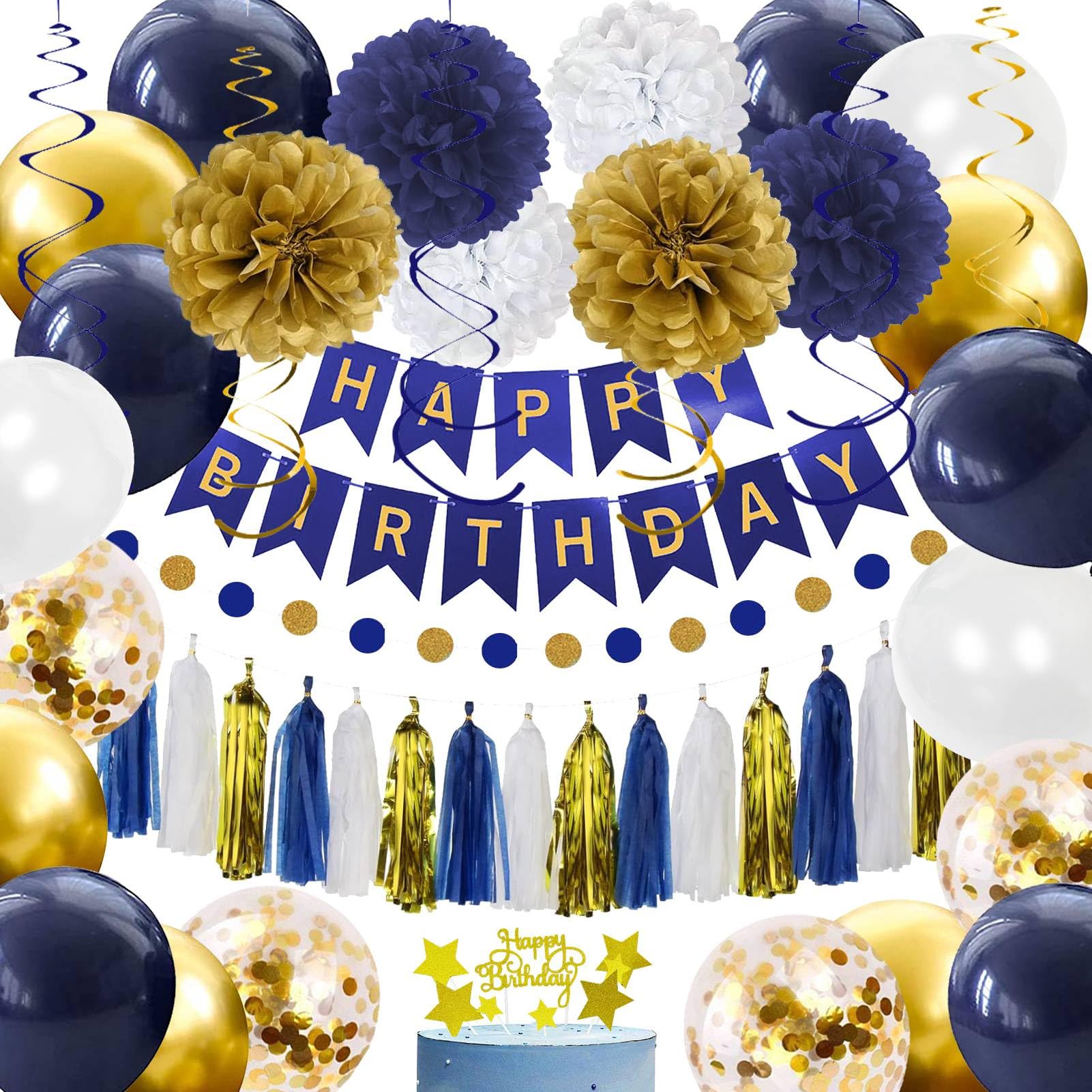 YGYXMY Birthday Decorations for Men Boys | Navy Blue Gold White Happy Birthday Party Decorations Kit | Banner, Balloons, Tissue Pompoms, Swirls, Tassels Garland