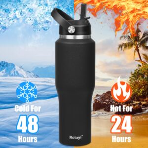 Rotayi 32 oz Water Bottle, Fits in Any Car Cup Holders - Stainless Steel Triple Wall Vacuum Insulated Water Bottles Flask with Straw & Spout Lid(Cold for 48 Hrs, Hot for 24 Hrs)