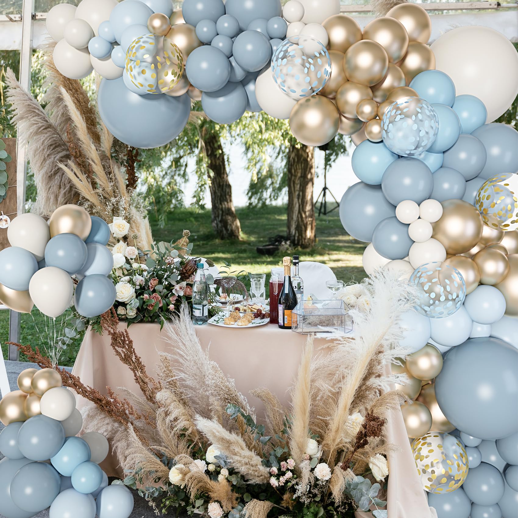 Ouddy Life 180Pcs Dusty Baby Blue Balloons Arch Garland Kit, Blue Baby Shower Decorations Boy with Fog Blue Sand White Chrome Gold Champagne Balloons for Birthday Boho Bridal Shower Party Decor