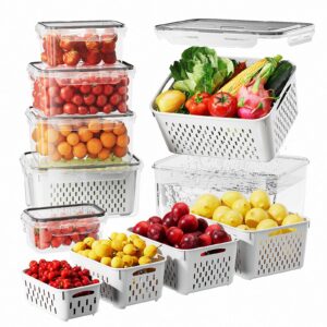 6 pcs large fruit storage containers for fridge, airtight food storage containers with removable colander, dishwasher & microwave safe, berries containers keep vegetables, fruits fresh longer