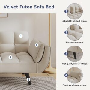 Olela Futon Sofa Bed, Convertible Sleeper Couch 74" W Modern Velvet Loveseat with Adjustable Backrests and Solid Wood Legs for Living Room, Bedroom, Small Space (Beige)