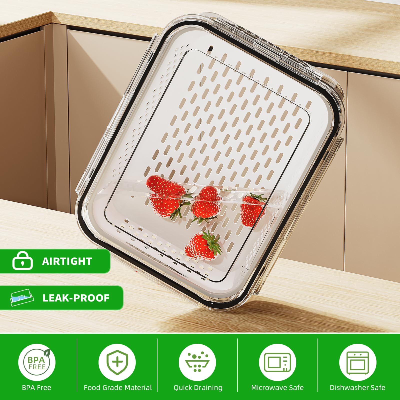 6 PCS Large Fruit Storage Containers for Fridge, Airtight Food Storage Containers with Removable Colander, Dishwasher & Microwave Safe, Berries Containers Keep Vegetables, Fruits Fresh Longer