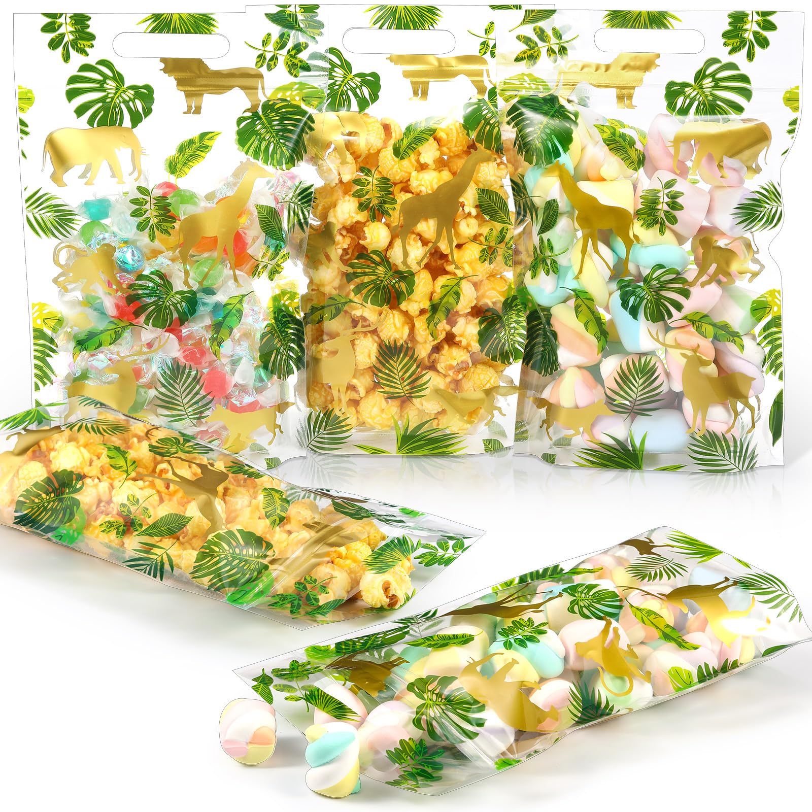 Pasimy 60 Pcs Jungle Animal Treat Bags Green Gold Safari Animal Palm Leaves Plastic Candy Goodie Bags with Handle for Two Wild Jungle Birthday Party Baby Shower Favors Supplies, 6 Design