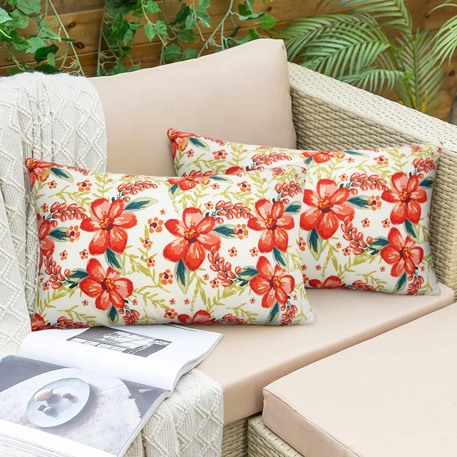 Pyonic Outdoor Pillows Cover Pack of 2 Floral Waterproof Throw Pillow Covers 12X20 inch Outdoor Lumbar Pillows for Patio Furniture Garden Outdoor Waterproof Throw Pillows