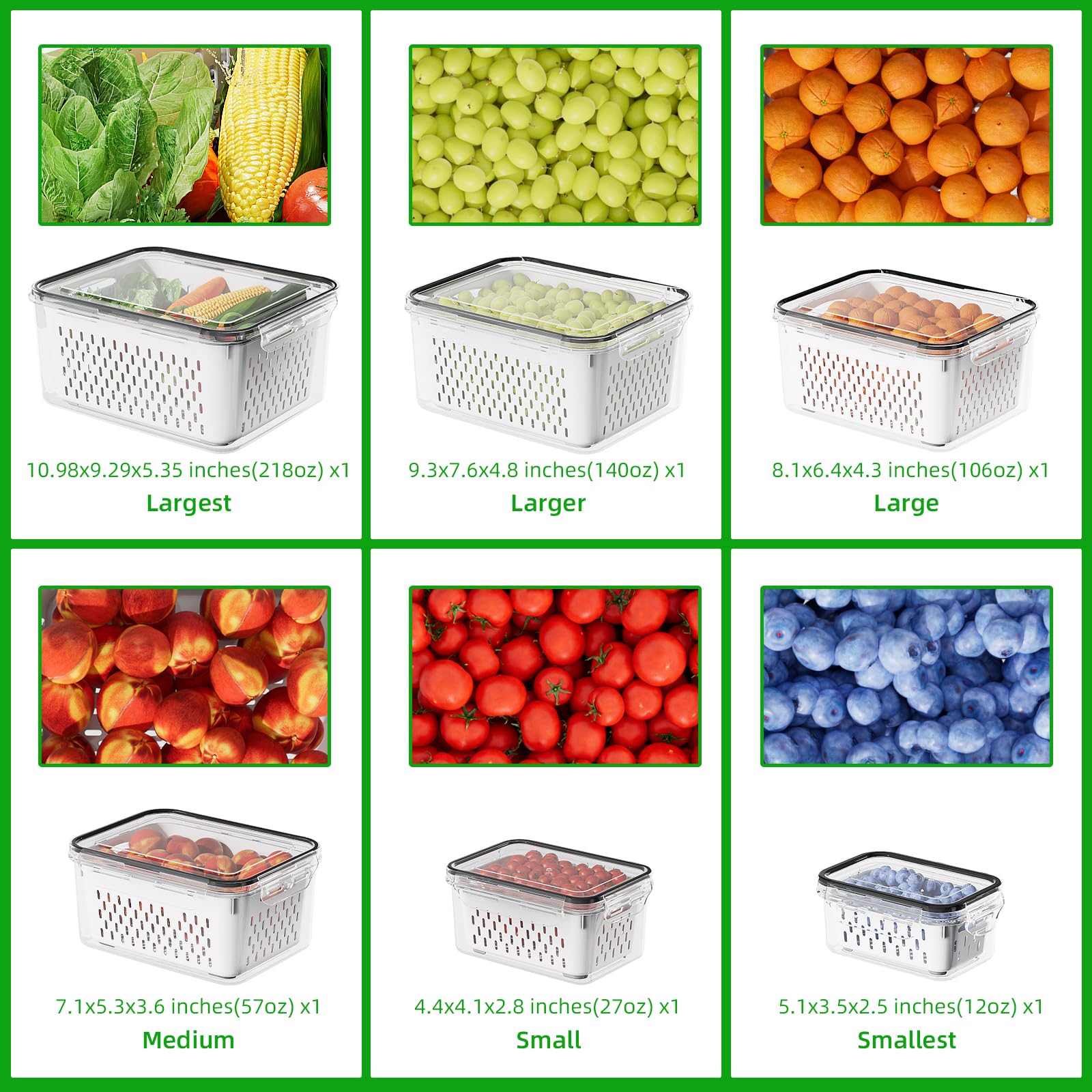 6 PCS Large Fruit Storage Containers for Fridge, Airtight Food Storage Containers with Removable Colander, Dishwasher & Microwave Safe, Berries Containers Keep Vegetables, Fruits Fresh Longer