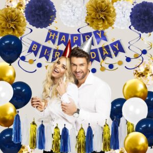 YGYXMY Birthday Decorations for Men Boys | Navy Blue Gold White Happy Birthday Party Decorations Kit | Banner, Balloons, Tissue Pompoms, Swirls, Tassels Garland