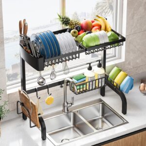 Urackify Over The Sink Dish Drainer Drying Rack, Adjustable (25.19"-37.4") Over Sink Dish Drying Rack, Extra Large Extendable Dish Rack Above Kitchen Sink, 2 Tier Dish Strainer with Storage Basket