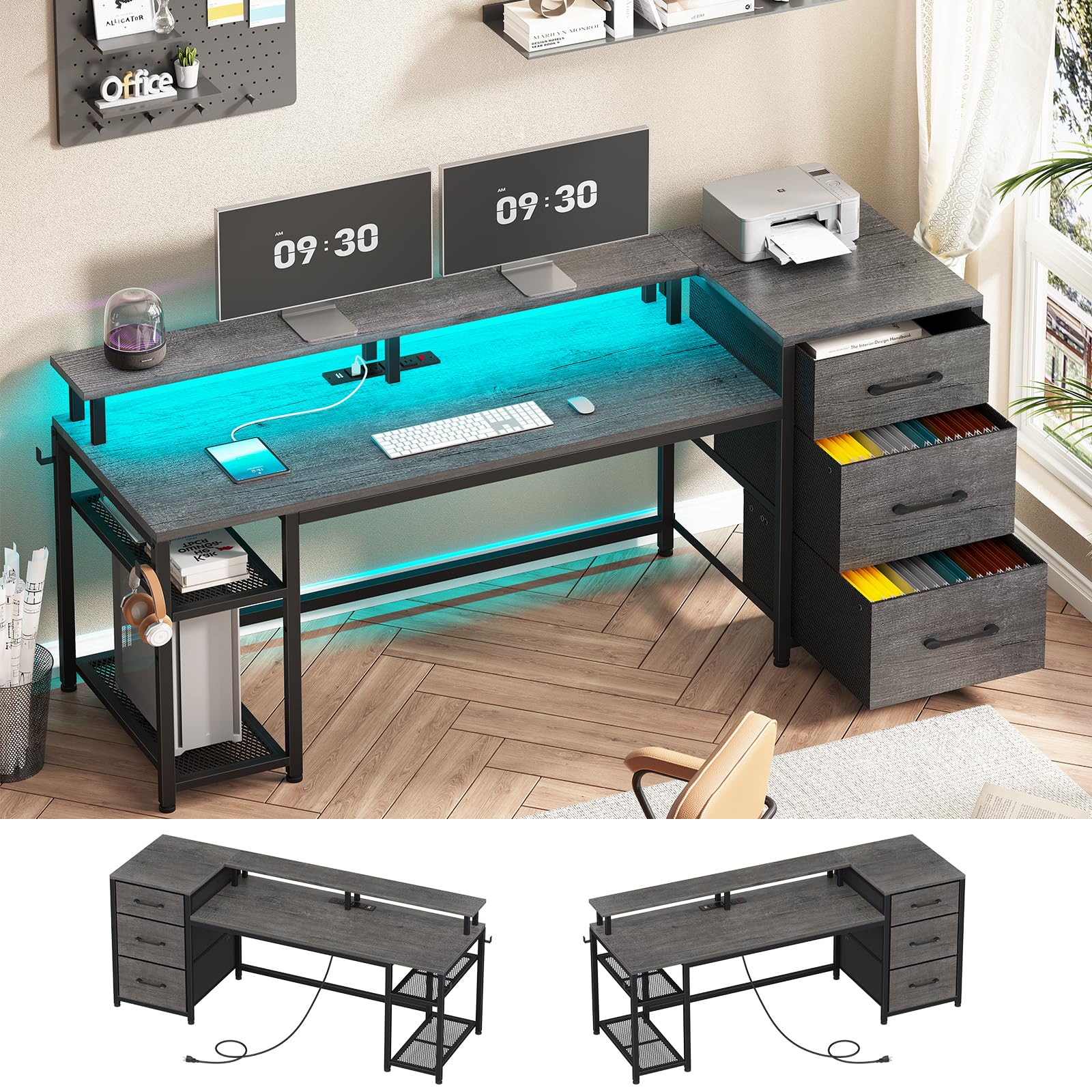 SEDETA 59" Office Desk with Drawers, Reversible Computer Desk with File Drawers & Storage, Gaming Desk with LED Lights & Power Outlet, Home Office Desks for Printer, Grey