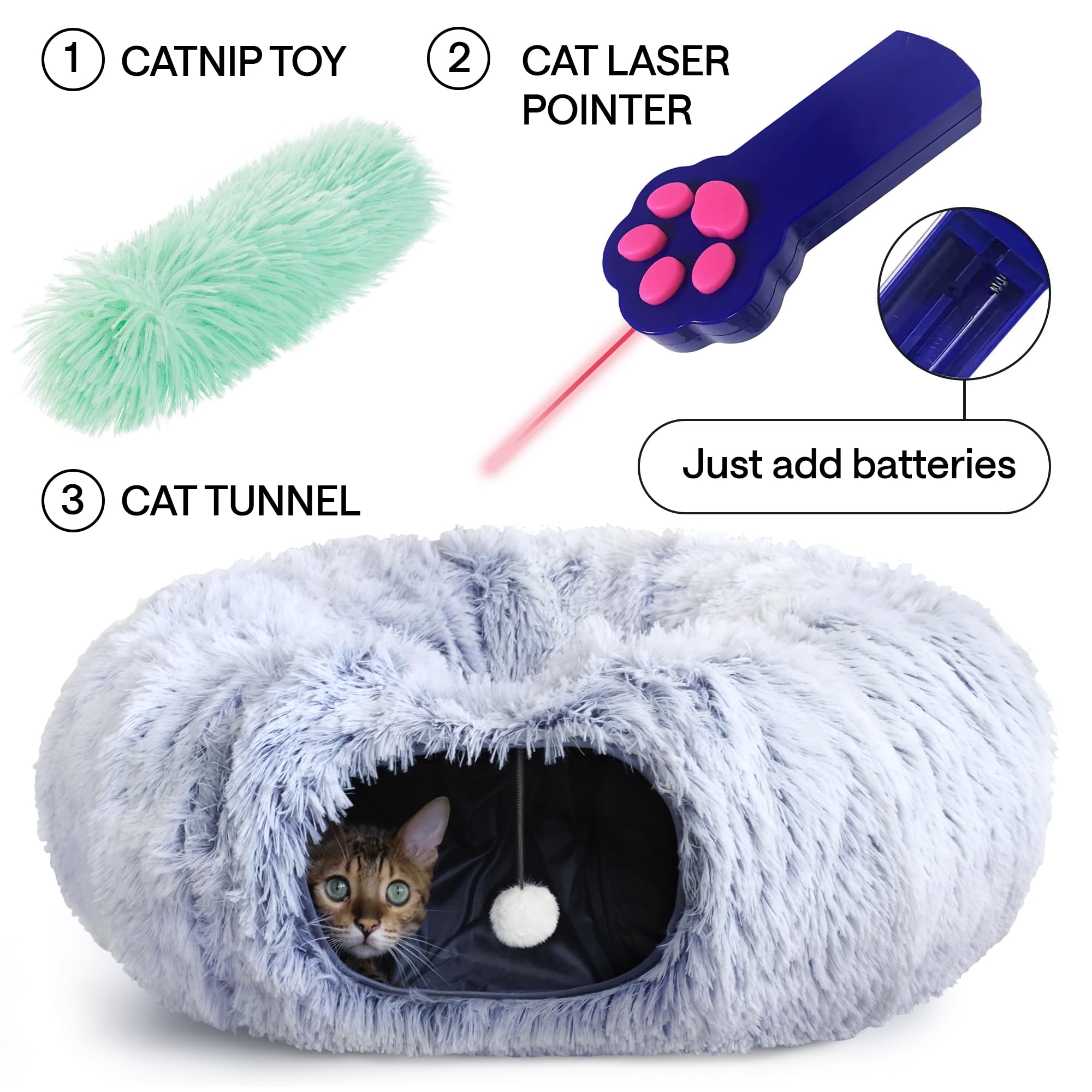 Cat Tunnel Bed – Cat Donut Tunnel Combining Cat Bed, Peekaboo Cat Cave, & Cat Tube – Cat Cave Bed with Cat Toys for Indoor Cats Included – Cat Tunnels for Indoor Cats Large, 1 Lazer Paw, 1 Ball