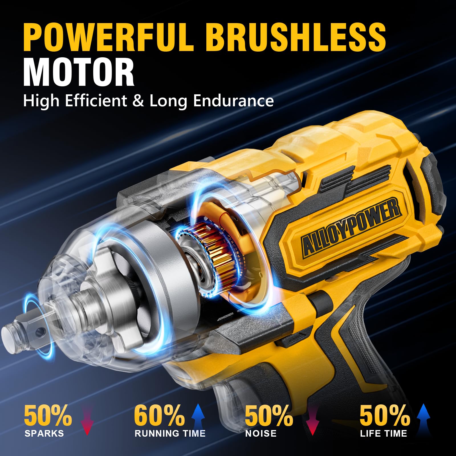 ALLOYPOWER Cordless Impact Wrench, 1050N.m(775Ft-lbs) High Torque impact gun,1/2 inch,20V Brushless Power Impact Wrenches,4.0Ah Battery, 4 Sockets, Electric Impact Driver for Car Tires