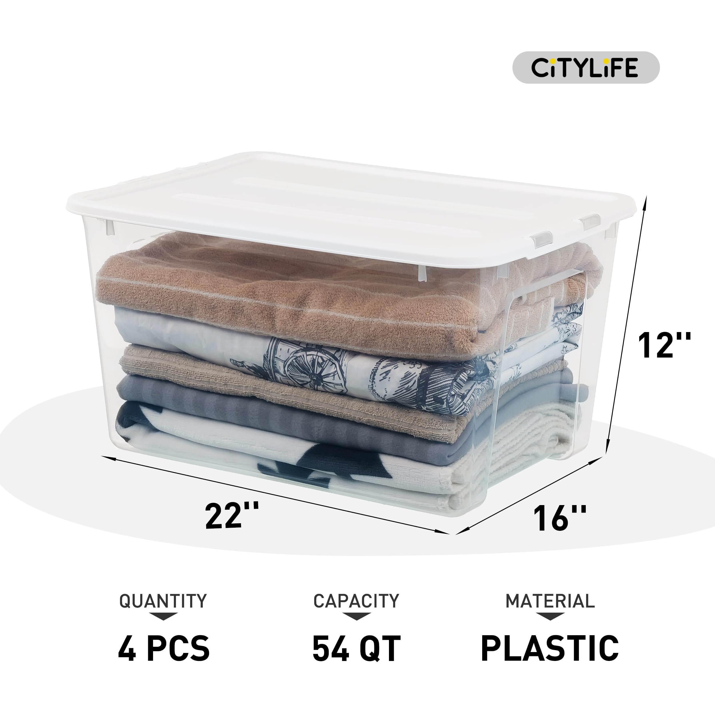 Citylife 54 Quart Stackable Storage Plastic Storage Box with Tight Locking Lid Clear Storage Box Chest, Plastic Container for Organizing Clothes in Closet, 4-Pack