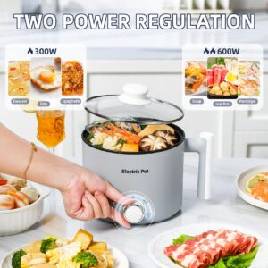 YOOLYQI Electric Hot Pot:1.5 L Ramen Cooker, Dual Power Mini Portable Multi-Functional Lazy Pot for Pasta, Noodles, Egg, Soup, Non-Stick Noodle Cooker with Boil Dry Protection for Dorm, Office (Grey)