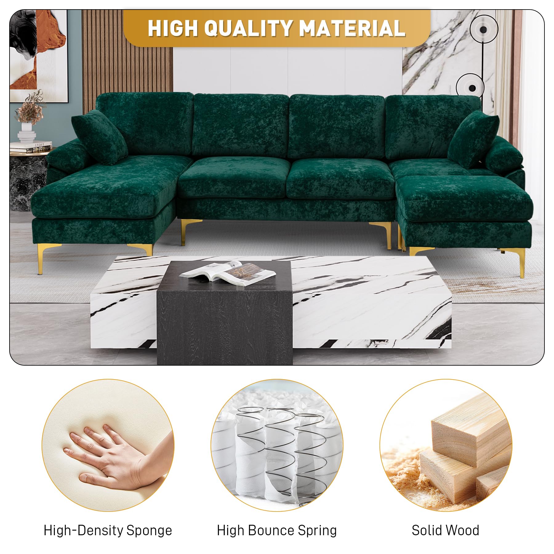 OUYESSIR U-Shaped Sectional Sofa for Living Room, 4 Seat Velvet Sofa Set Convertible L-Shaped Couch Set with Chaise Lounge, Ottoman and Pillows,114 inches (Emerald Green)