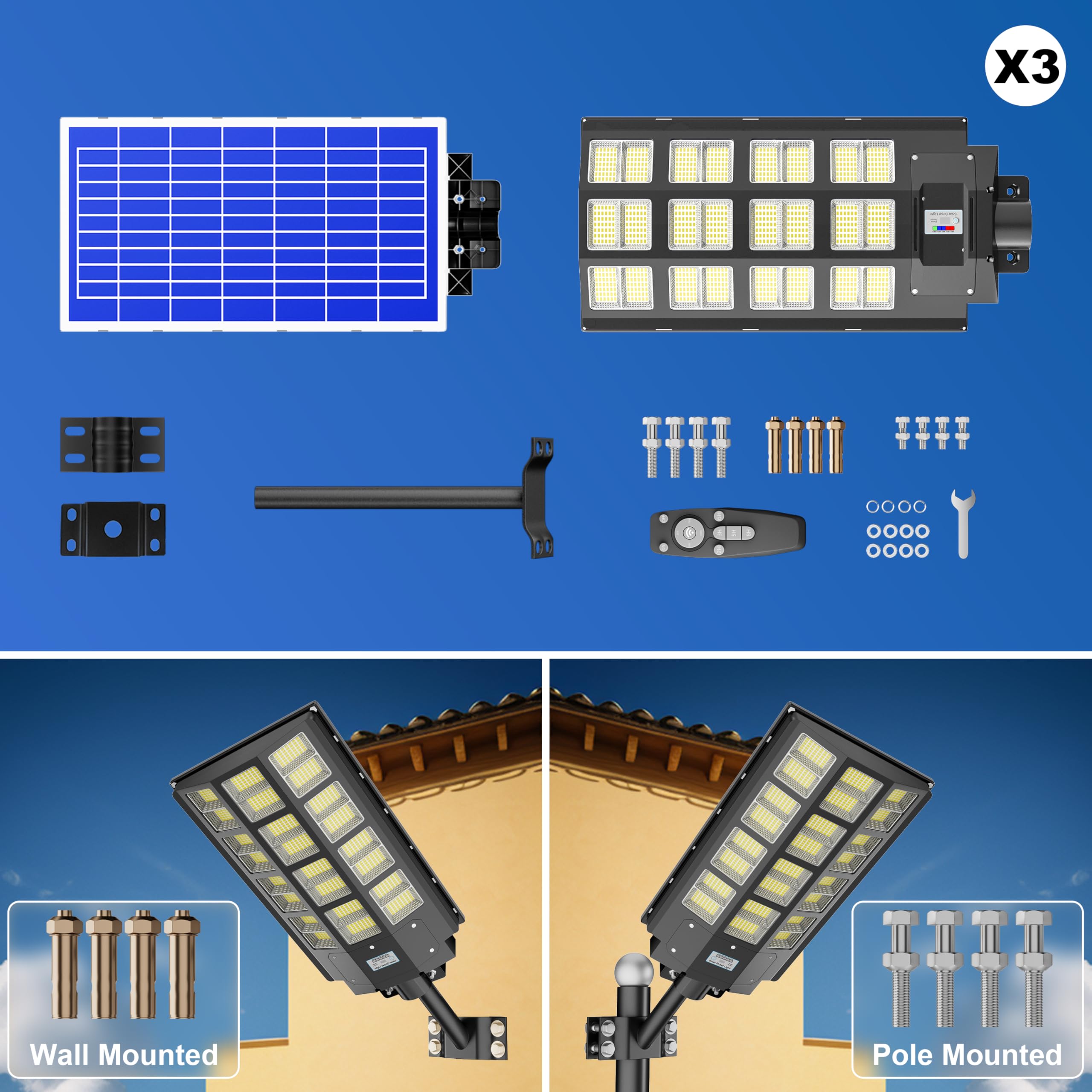 XCQMHF Solar Street Light 3200W Outdoor Solar Parking Lot Lights 300000Lumens LED Solar Street Light Waterproof IP67 Dusk to Dawn, Solar Flood Lights with Motion Sensor 3-Pack (3200W-3Pack)