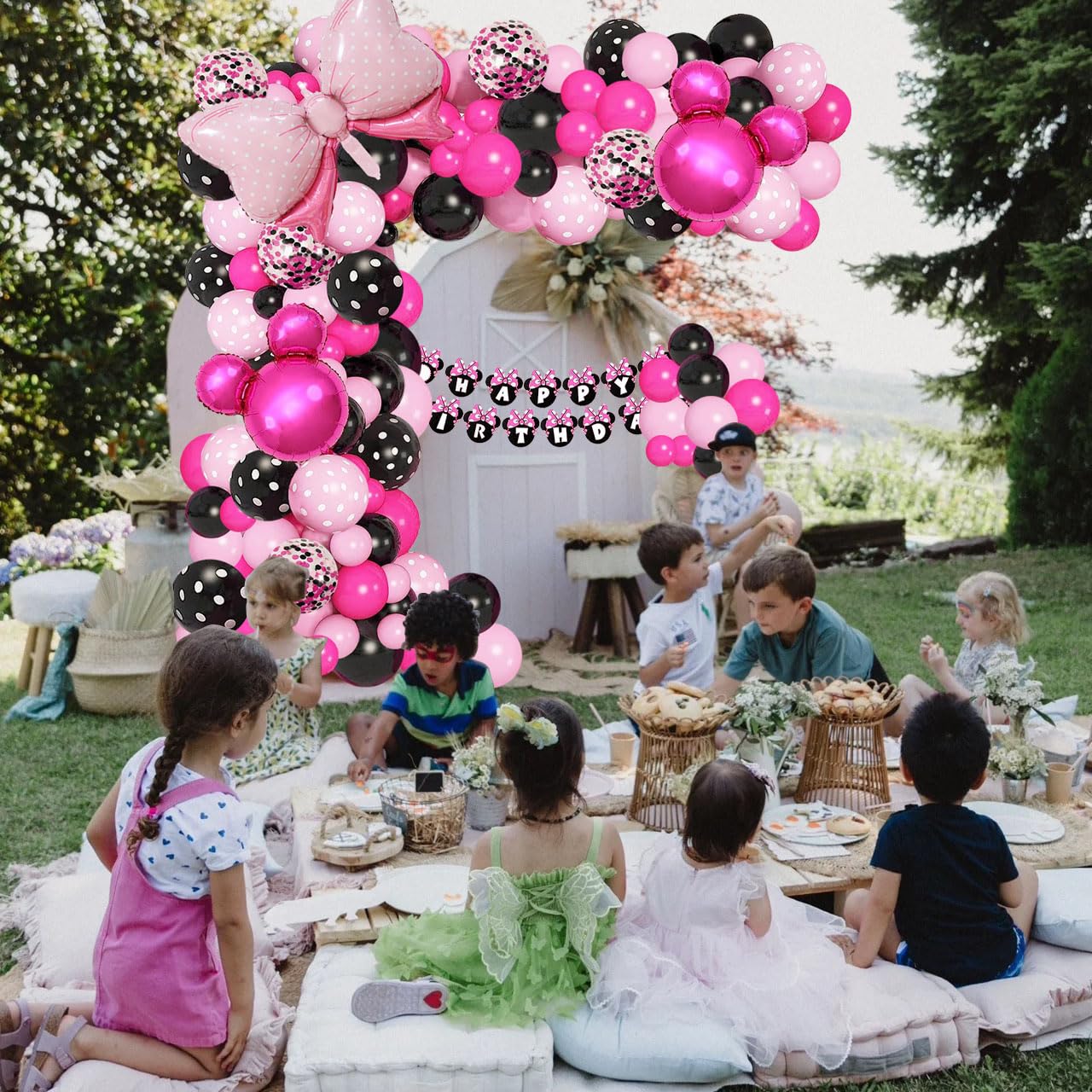 Pink Mouse Balloon Garland Arch Kit Birthday Party Supplies, Pink Black Balloons，Pink Black Rose Red Bow Foil Balloons for Birthday Decorations and Baby Shower Party Supplies