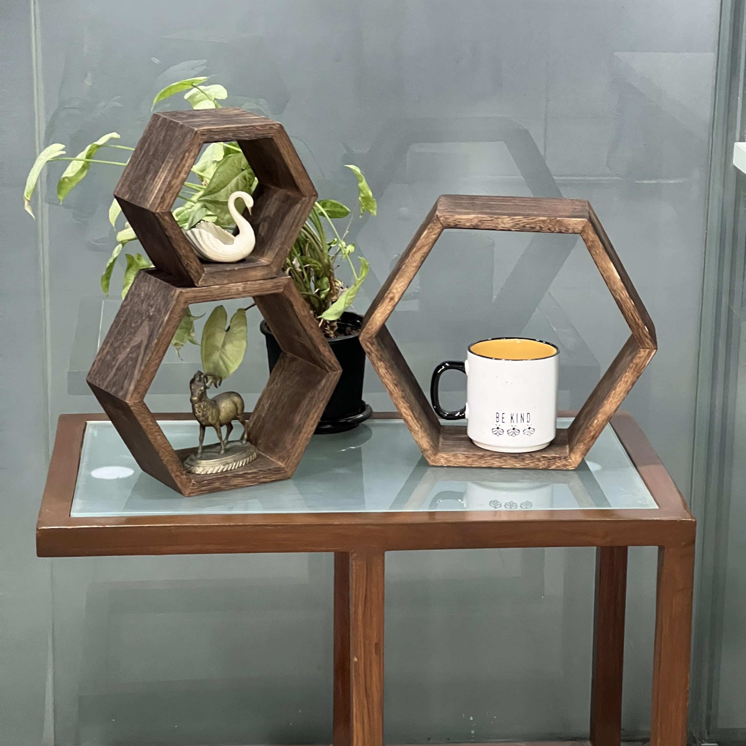 hadaaya Hexagon Shaped Floating Wooden Shelf - Set of 3 for Home Décor