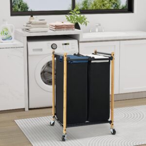 STORAGEIDEAS Laundry Sorter Hamper with Wheels, Heavy-Duty Laundry Basket Sorter Rolling Cart with Lockable Wheels and Removable Bags, Laundry Cart 2 Sections, Bamboo