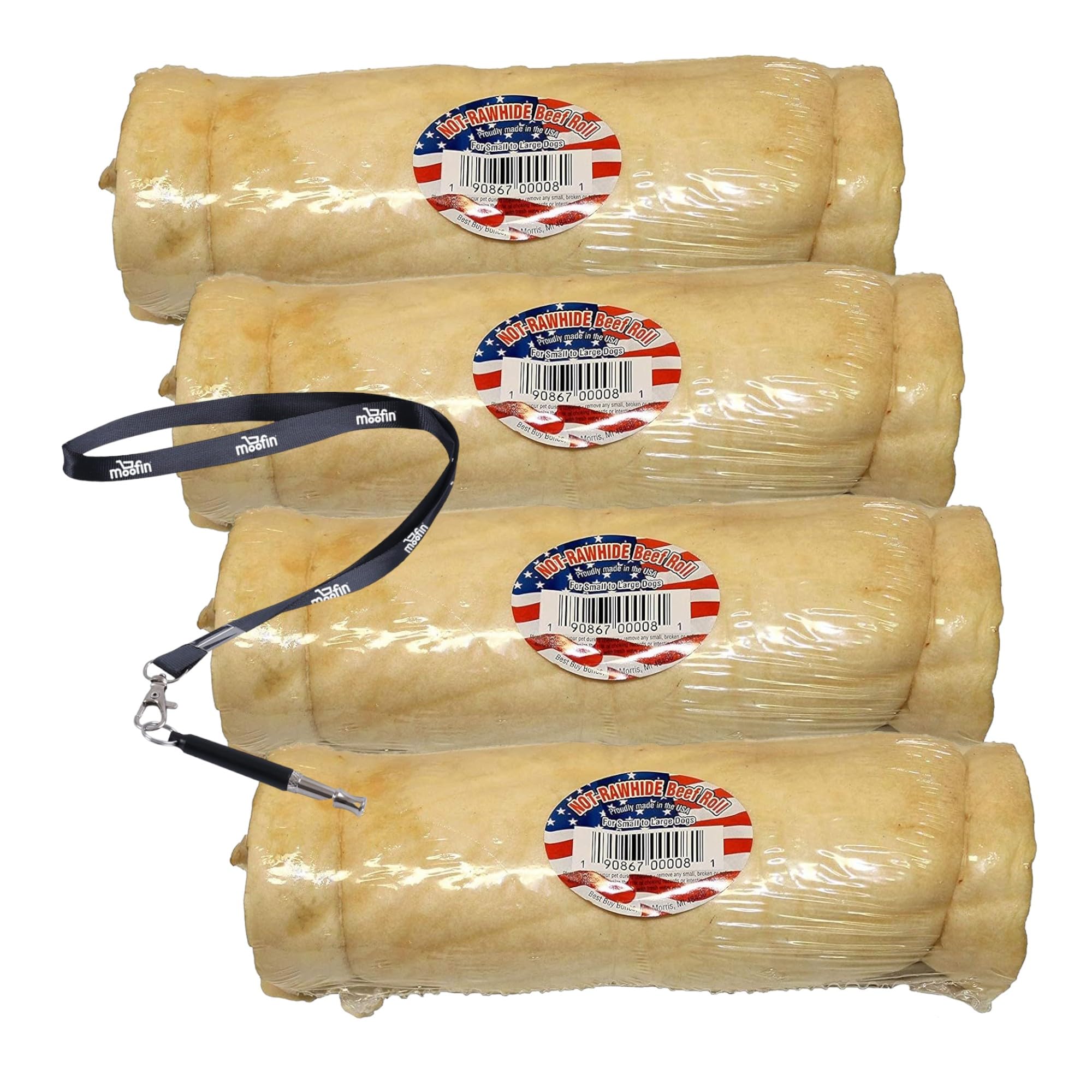 Best Buy Bones Not-Rawhide Beef Rolls, 115 Lbs - Dog Chew Treats, 8-10" Length, Promotes Dental Health, Made In Usa, Bundle Ss Pet Training Whistle [Pack Of 4]