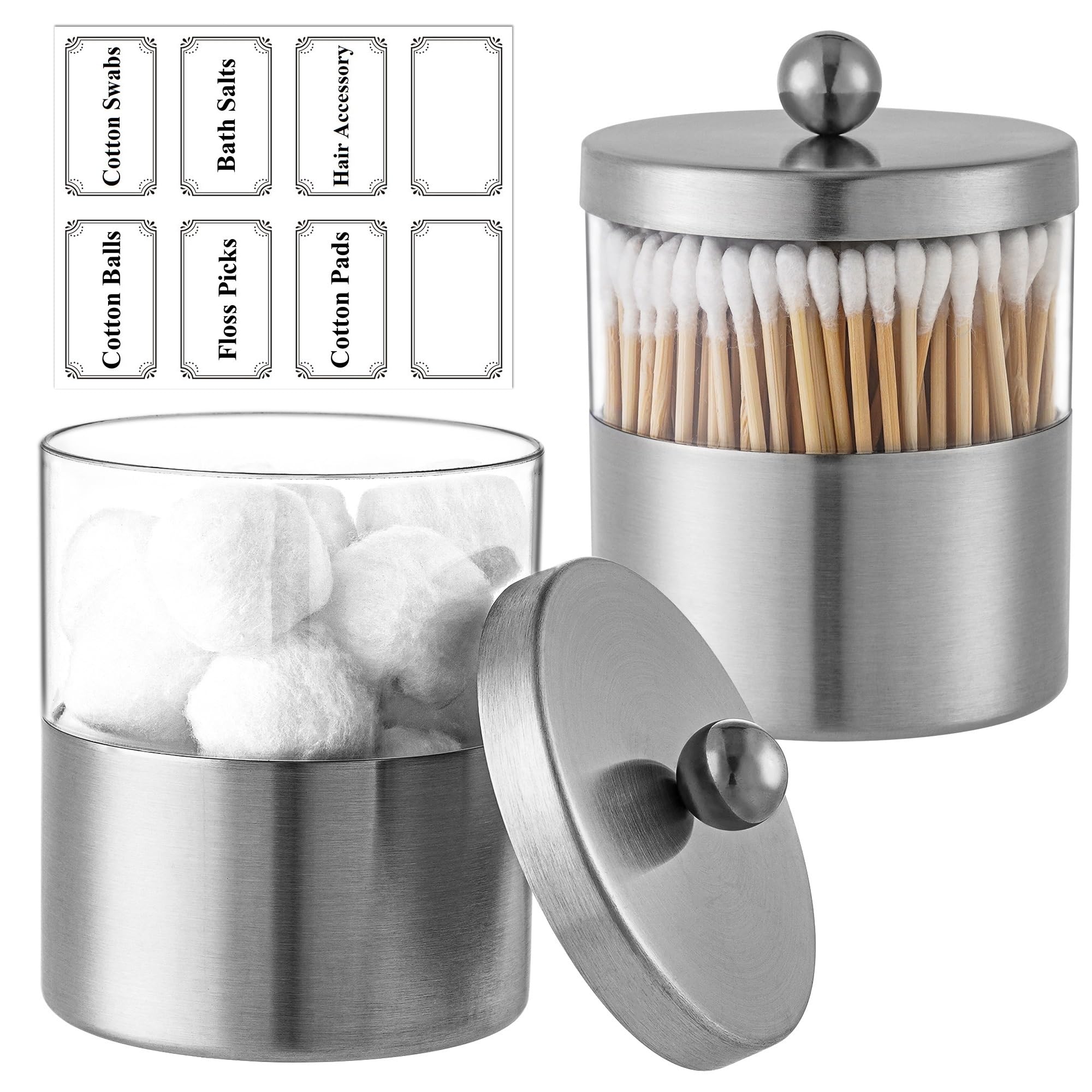 Gaussra Apothecary Jars, Qtip Holder - Stainless Steel Bathroom Jar with Stickers - Farmhouse Decor Qtip Dispenser for Qtips, Cotton Balls, Swabs, Makeup Sponges (2 Pack, Brushed Nickel)