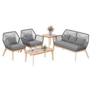 Kullavik Outdoor Patio Furniture Set,5 Pieces Indoor Rope Woven Sectional Sofa Set Modern Oak Patio Conversation Sets with Wooden Table for Balcony,Porch or Backyard,Grey