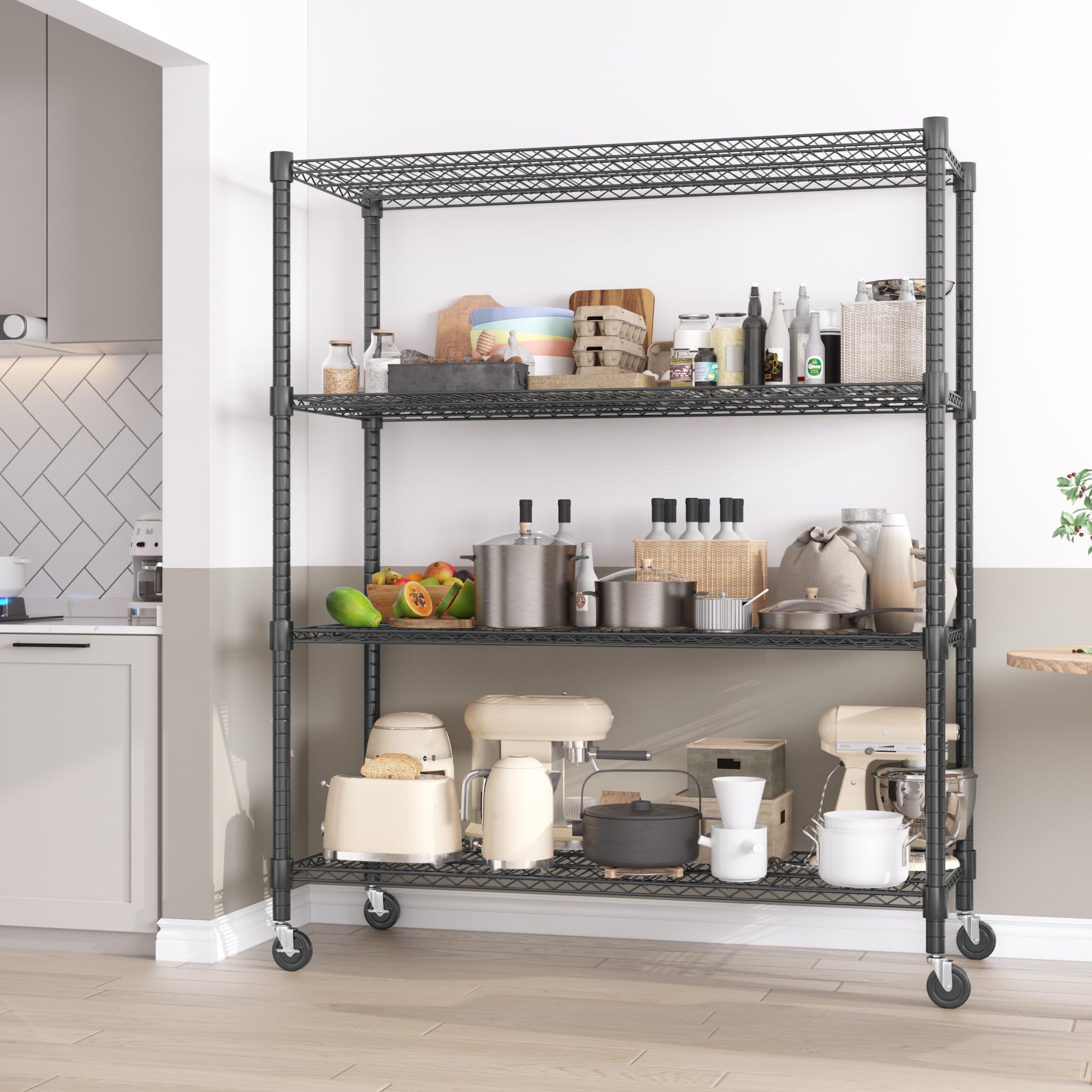 Homdox 60”W Storage Shelves, 4 Tier Heavy Duty Wire Shelving Unit with Wheels, 2400LBS Commercial Adjustable Metal Shelves for Storage, Garage Rack Pantry Shelves Kitchen Shelving, 24"x60"x72", Black