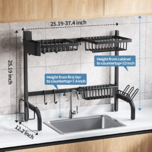 Urackify Over The Sink Dish Drainer Drying Rack, Adjustable (25.19"-37.4") Over Sink Dish Drying Rack, Extra Large Extendable Dish Rack Above Kitchen Sink, 2 Tier Dish Strainer with Storage Basket