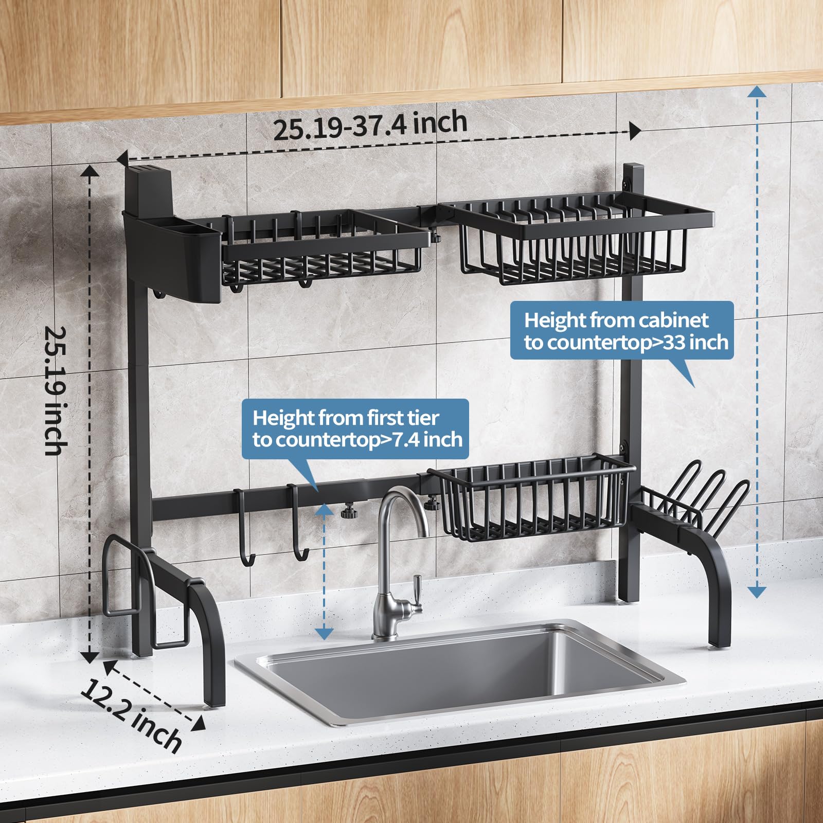 Urackify Over The Sink Dish Drainer Drying Rack, Adjustable (25.19"-37.4") Over Sink Dish Drying Rack, Extra Large Extendable Dish Rack Above Kitchen Sink, 2 Tier Dish Strainer with Storage Basket