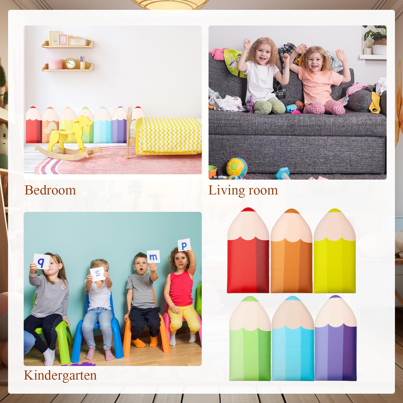 Jetec 12 Pcs 3D Anti Collision Pencil Shape Wall Padding for Kids 23.6 x 11.8 Inch Peel and Stick Upholstered Wall Panels Headboard Panels Colorful Wall Mats for Nursery Playroom Wall Protection