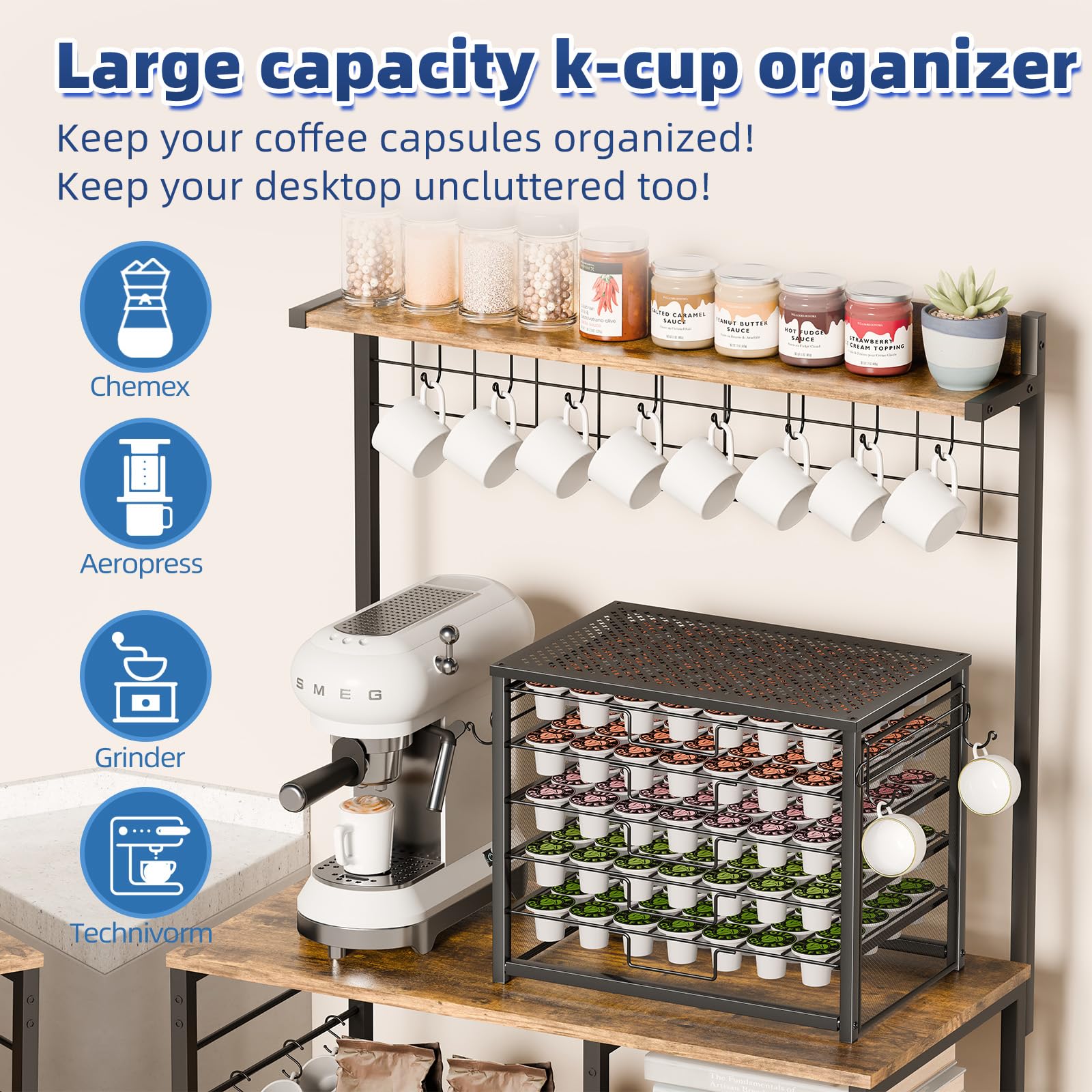 Simple Trending 5-Tier Coffee Pod Holder for K-Cup, 160 Pod Pack Capacity Rack with Mug Rack, Metal, Black