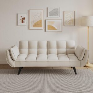 Olela Futon Sofa Bed, Convertible Sleeper Couch 74" W Modern Velvet Loveseat with Adjustable Backrests and Solid Wood Legs for Living Room, Bedroom, Small Space (Beige)