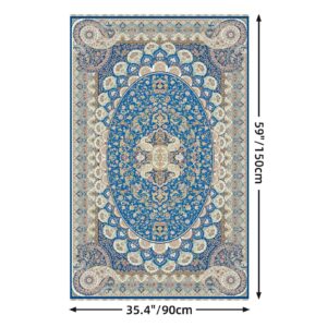 Paisley Blue Area Rug 3x5 for Entryway, Washable Low Pile Soft Non Silp Small Rug for Bedside