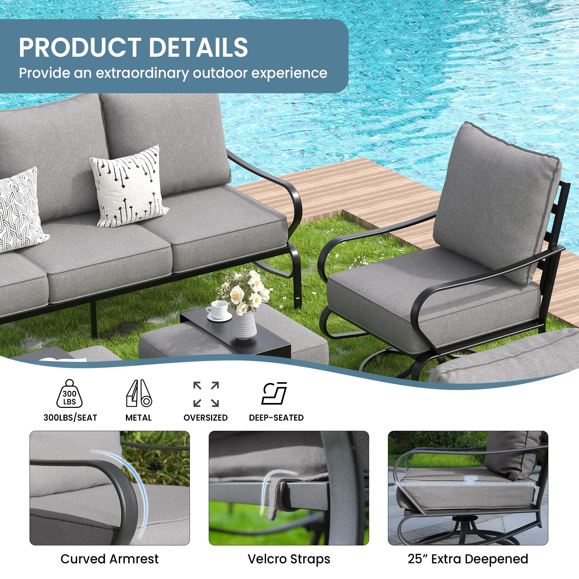 Amopatio Patio Furniture Set, 7 Pieces Metal Outdoor Furniture, Patio Conversation Sofa Sets with 5.75" Extra Thick Cushion for Backyard Deck, Grey（Include Waterproof Covers ）