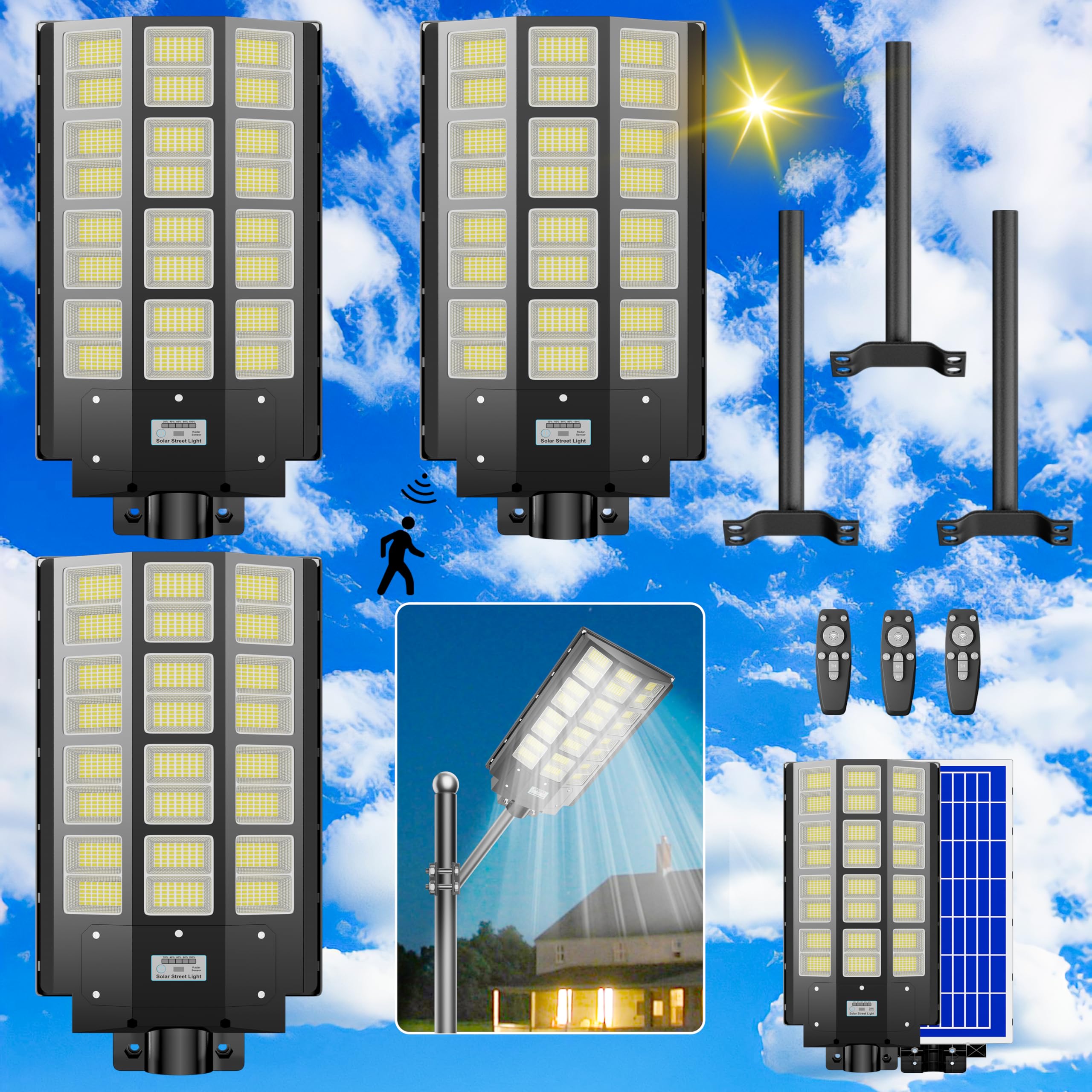 XCQMHF Solar Street Light 3200W Outdoor Solar Parking Lot Lights 300000Lumens LED Solar Street Light Waterproof IP67 Dusk to Dawn, Solar Flood Lights with Motion Sensor 3-Pack (3200W-3Pack)