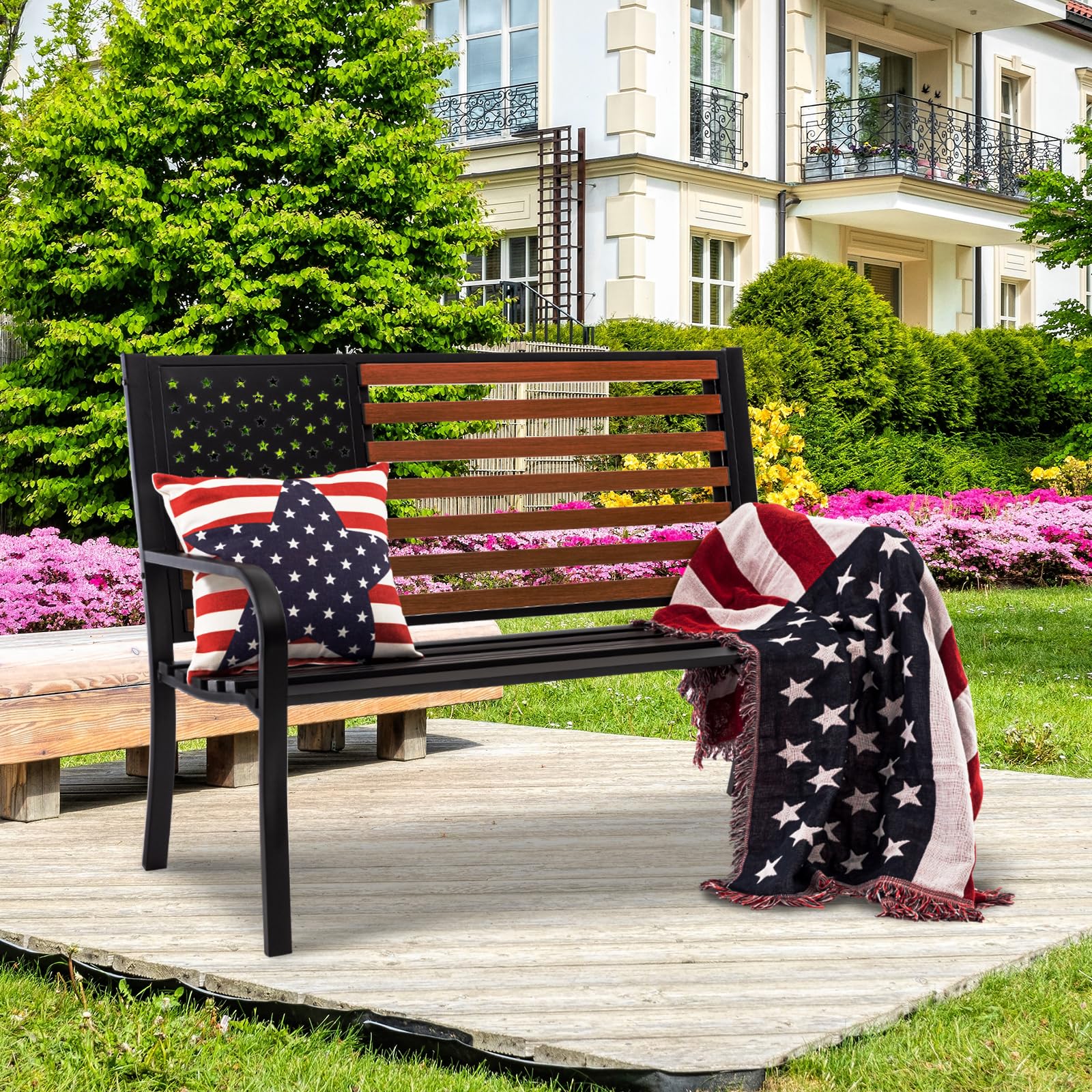 𝐀𝐭𝐭𝐥𝐢𝐚𝐬𝐚𝐥𝐨𝐧 50” Outdor Bench Garden Bench with American Flag Style, Sturdy Cast Iron Metal Frame Patio Park Bench for Porch Yard Lawn Deck Park