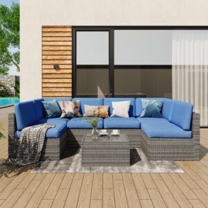 UIXE Outdoor Patio Furniture Sets with Propane Fire Pit Table, 8 Pieces Wicker Patio Sectional Sofa Lounge Couch Seating PE Rattan Conversation Set Includes 45" Gas Fire Table, Navy Blue