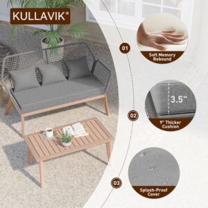 Kullavik Outdoor Patio Furniture Set,5 Pieces Indoor Rope Woven Sectional Sofa Set Modern Oak Patio Conversation Sets with Wooden Table for Balcony,Porch or Backyard,Grey