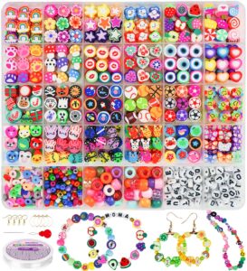 gionlion 1000pcs polymer clay beads bracelet making kit, 30 style cute fun fruit flower rainbow butterfly animal heart star beads charms for jewelry necklace making christmas gift for girls