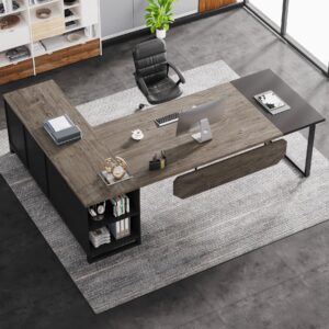 Tribesigns 70.8-Inch Executive Desk with 55-Inch File Cabinet, Large L Shaped Computer Desk with Storage Cabinet and Shelves, Industrial L-Shaped Desk for Home Office, Retro Gray & Black