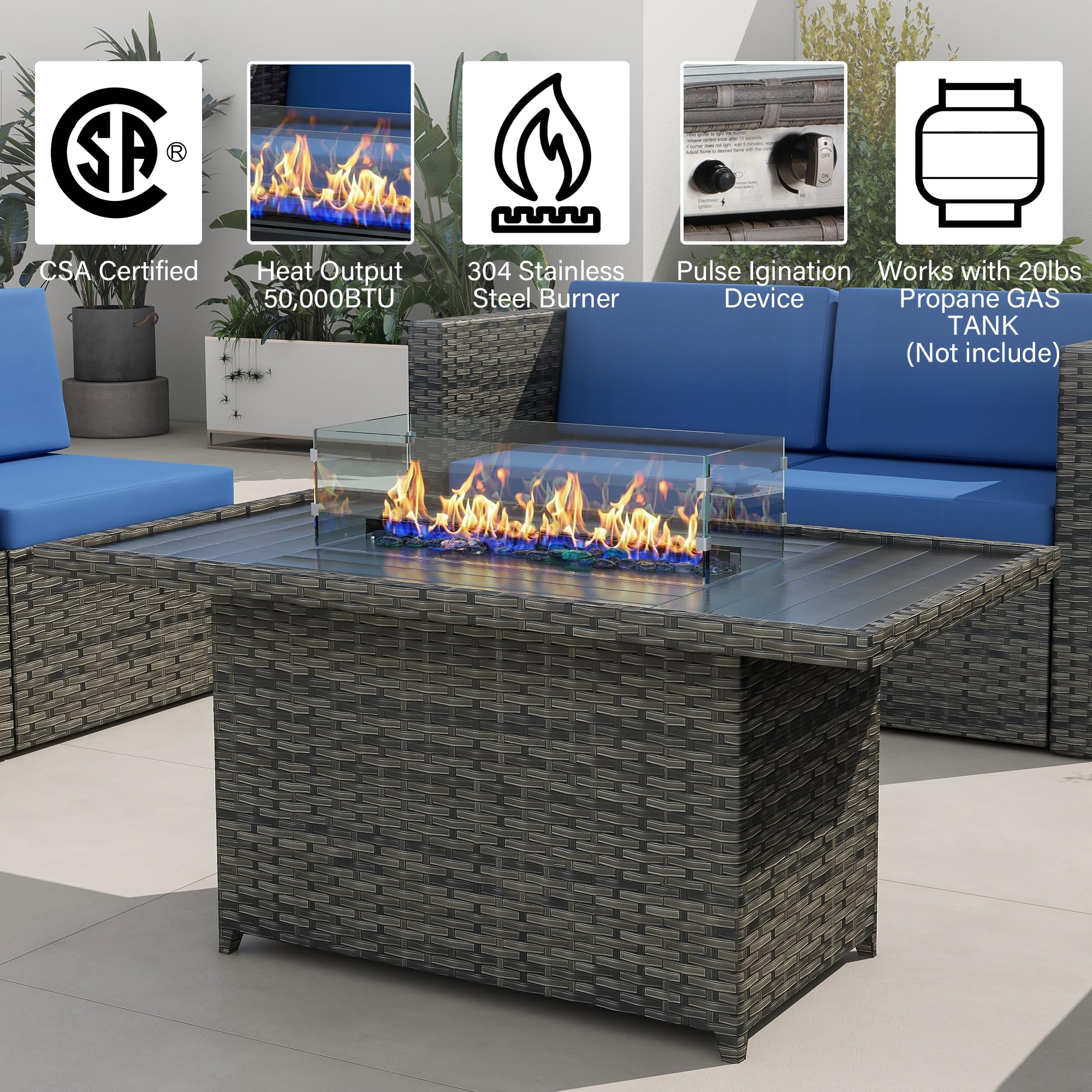 UIXE Outdoor Patio Furniture Sets with Propane Fire Pit Table, 8 Pieces Wicker Patio Sectional Sofa Lounge Couch Seating PE Rattan Conversation Set Includes 45" Gas Fire Table, Navy Blue