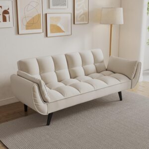 olela futon sofa bed, convertible sleeper couch 74" w modern velvet loveseat with adjustable backrests and solid wood legs for living room, bedroom, small space (beige)