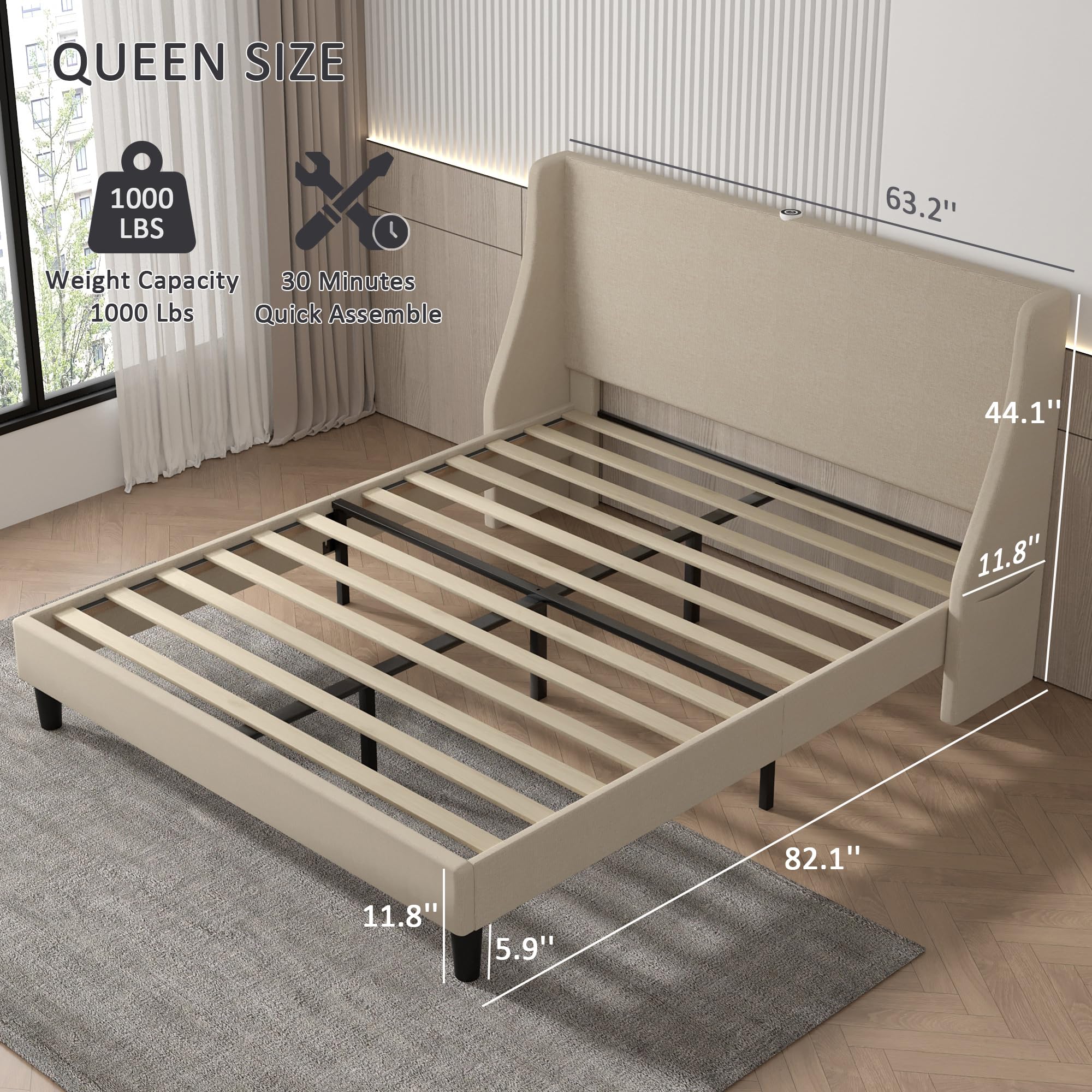 VECELO Queen Bed Frame with Upholstered Wingback Headboard, Heavy-Duty Platform Bedframe with Charging Station & Side Pockets, No Box Spring Needed, Light Beige