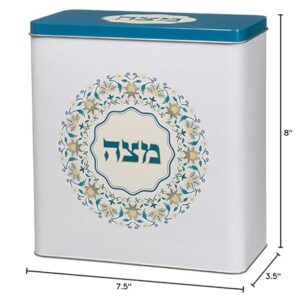 Art Judaica Decorated Tin Box with Lid for Storing Passover Matzah (Blue Flower), UK49987