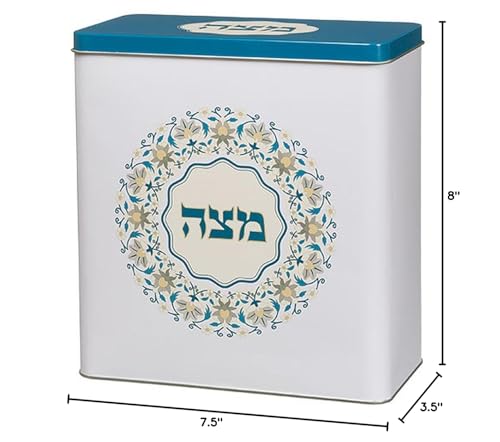 Art Judaica Decorated Tin Box with Lid for Storing Passover Matzah (Blue Flower), UK49987