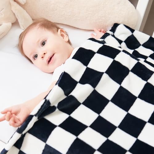 Checkered Baby Blanket for Girls Boys Soft Fleece Fluffy Fuzzy Chessboard Grid Toddler Blanket for Kids Lightweight Bed Blanket for Infant or Newborn Home Decor (Black)