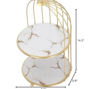 Double Layer Storage Shelf, Glass Bottom Plate Wear Gold Frame Bird Cage Organizer Rack for Bathroom Countertop (White Base Gold Pattern)