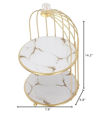 Double Layer Storage Shelf, Glass Bottom Plate Wear Gold Frame Bird Cage Organizer Rack for Bathroom Countertop (White Base Gold Pattern)