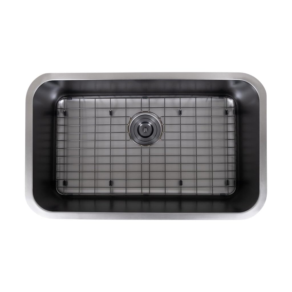 Strictly Sinks 29-3/4 Inch Undermount Kitchen Sink - 18 Gauge Single Bowl Kitchen Sink - Ideal Black Kitchen Sink with Single Strainer Drain, Bottom Grid & Roll Up Dish Drying Rack