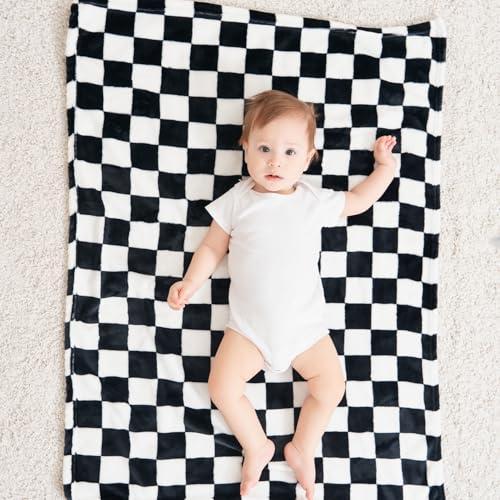 Checkered Baby Blanket for Girls Boys Soft Fleece Fluffy Fuzzy Chessboard Grid Toddler Blanket for Kids Lightweight Bed Blanket for Infant or Newborn Home Decor (Black)