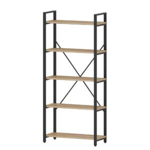 FATORRI 5 Tier Bookshelf, Industrial Wood and Metal Book Shelves for Display, Tall Etagere Bookcase and Rustic Shelving Unit (Rustic Oak)